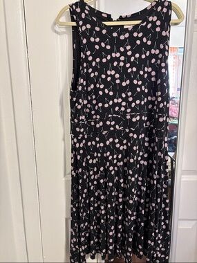 LOFT Black Midi Dress with Pink Cherry Print Size 14 PtP 22 inches